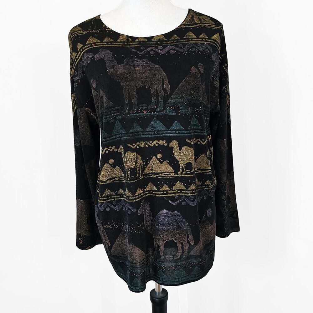 Vintage Las Cafa Medium 90s Desert Oasis Long Sleeve Black Pyramid Camel Shirt